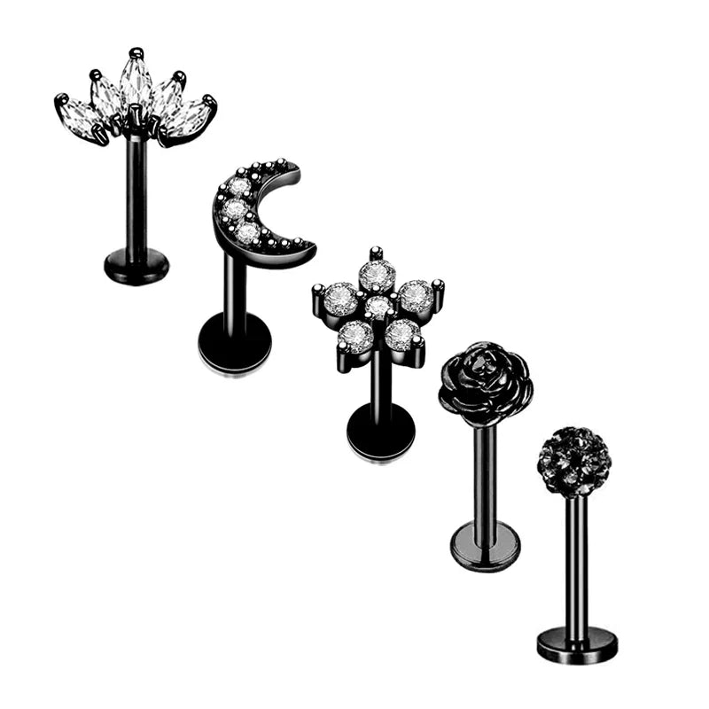 5pcs Mixed Heart Tragus Stud Earring Set | Cartilage Helix Lip Piercing Jewelry