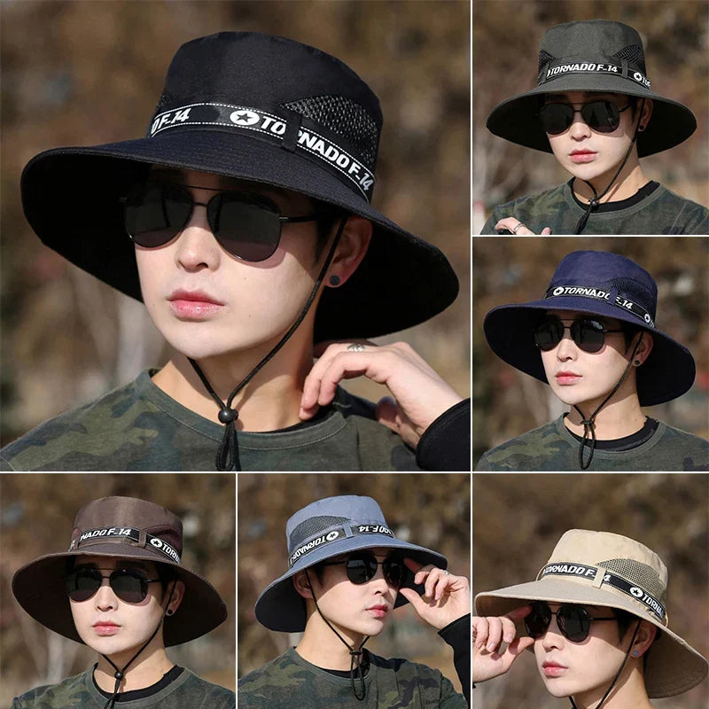 Windproof Men Outdoor Hat | Wide Brim Flat Top Fisherman Hat with Letter Print and Anti-UV Strap
