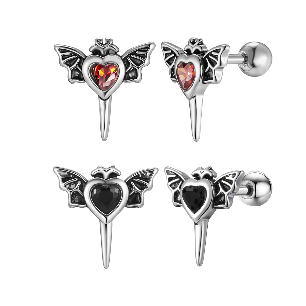 Stainless Steel Heart Zircon Wings Stud Earrings | Unisex Vintage Punk Gothic Jewelry