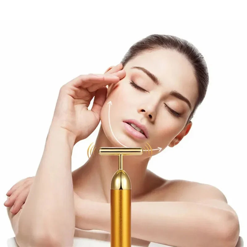 Gold Plated Facial Roller Massager | T-Shape Vibration Face Lift Tool