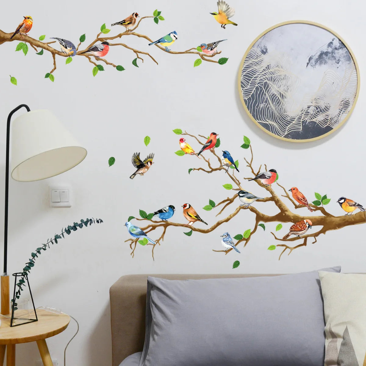 Colorful Birds on Branch Wall Decal | 4pcs Self-Adhesive PVC Art Sticker Set