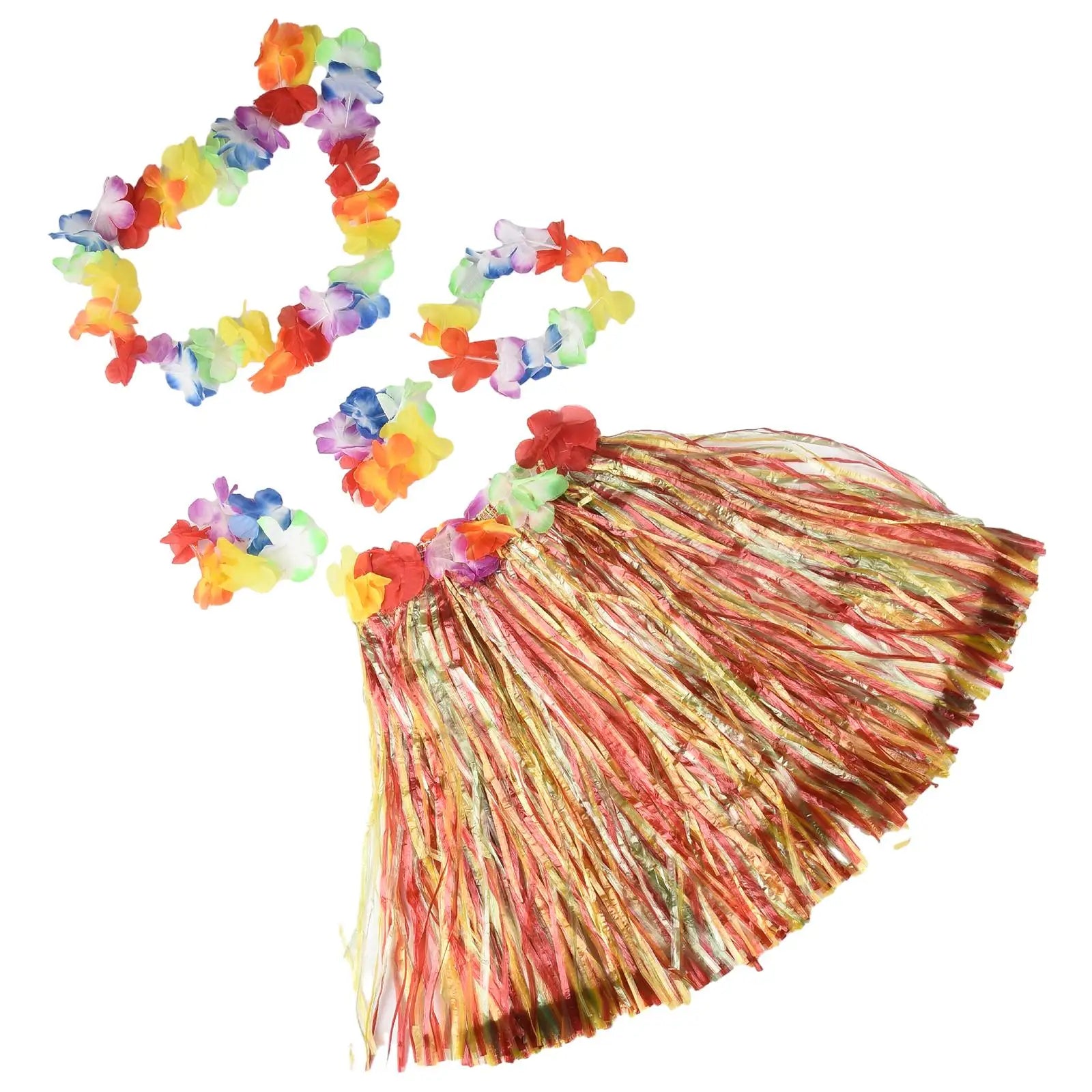 Kids Hawaiian Luau Costume Set | Grass Skirt Lei Flower Bracelets Headband