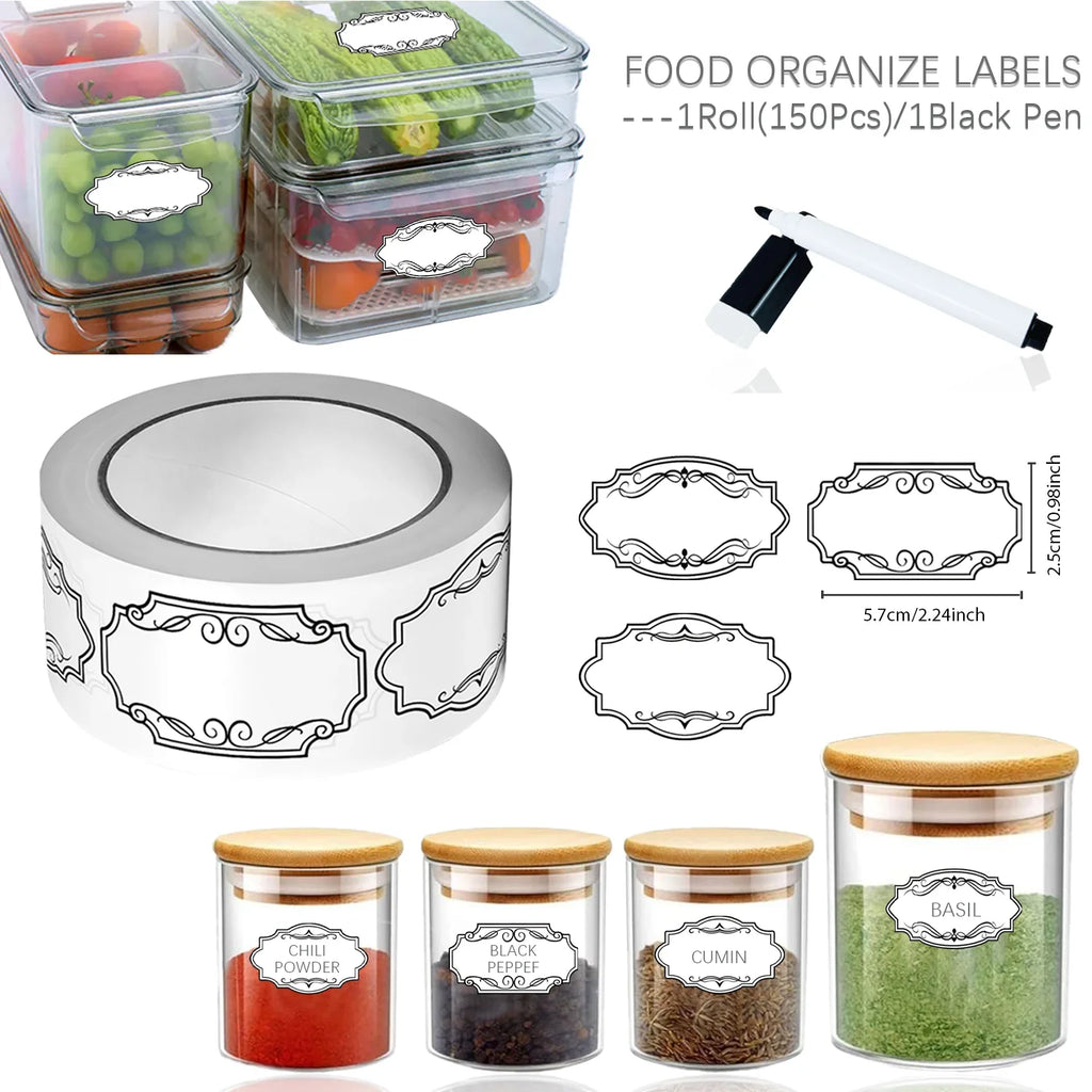 Vintage Kitchen Labels with Erasable Pen | 150-Piece Organizing Stickers