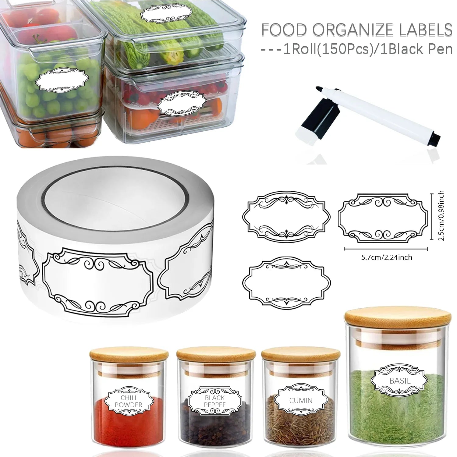 Vintage Kitchen Labels with Erasable Pen | 150-Piece Organizing Stickers