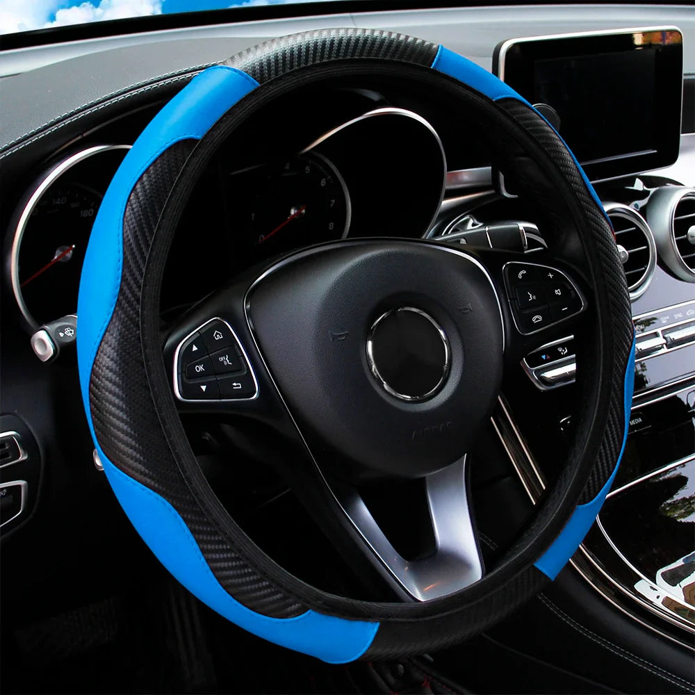 PU Carbon Fiber Leather Car Steering Wheel Cover | 14.5-15 Inch Grip Enhancer
