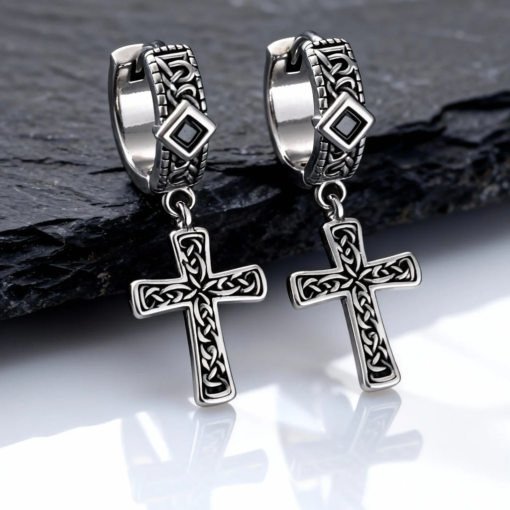 Vintage Celtic Knot Cross Hoop Earrings for Men | Anti Allergy Black Square Zircon Drop Earrings