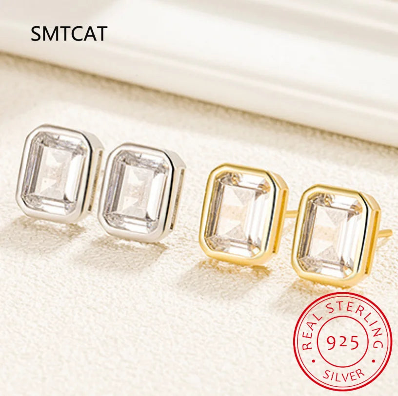 925 Sterling Silver Emerald Cut High Carbon Diamond Stud Earrings | Elegant Wedding Party Jewelry for Women