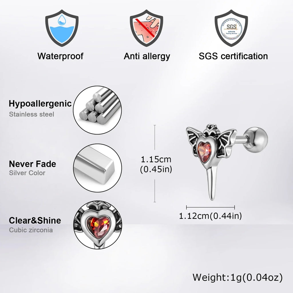 Stainless Steel Heart Zircon Wings Stud Earrings | Unisex Vintage Punk Gothic Jewelry