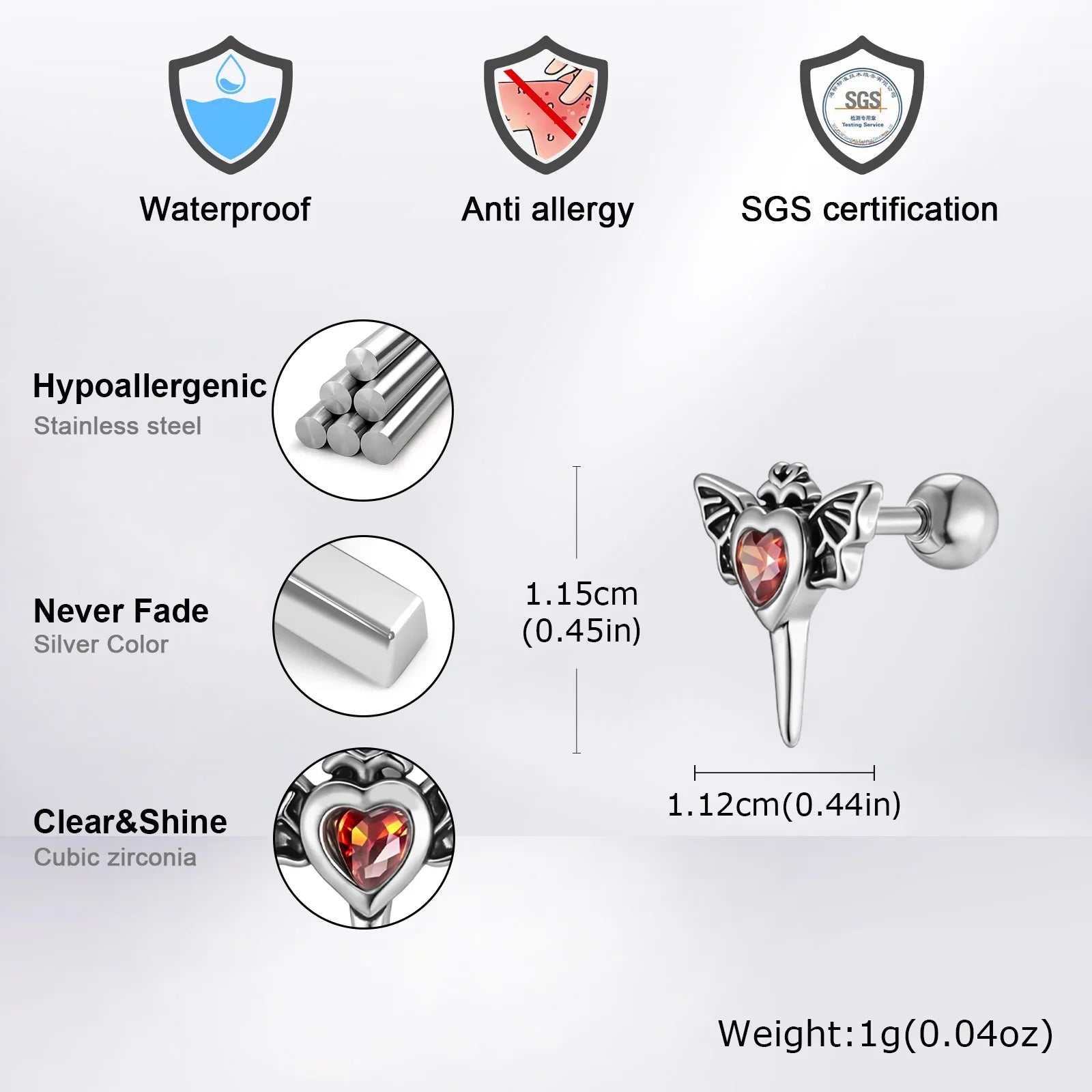 Stainless Steel Heart Zircon Wings Stud Earrings | Unisex Vintage Punk Gothic Jewelry