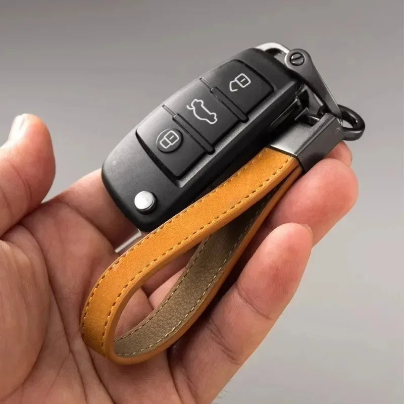 Luxury Genuine Leather Car Keychain | Pure Color Key Ring with Metal Buckle