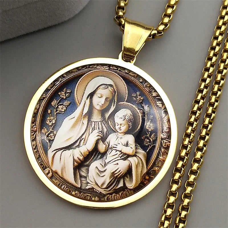 Virgin Mary Hold Baby Jesus Glass Round Medal Pendant Necklace | Gold Stainless Steel Catholic Amulet