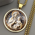 Virgin Mary Hold Baby Jesus Glass Round Medal Pendant Necklace | Gold Stainless Steel Catholic Amulet
