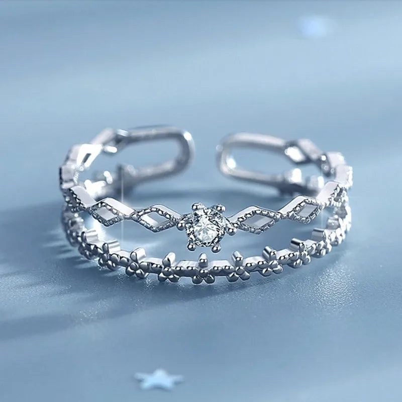 VENTFILLE 925 Sterling Silver Flower Lace Ring | Korean Fashion Adjustable CZ Ring