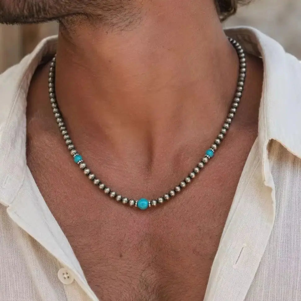 Synthetic Turquoise Necklace for Men | Natural Stone Mini Beads Summer Beach Bohemian Jewelry