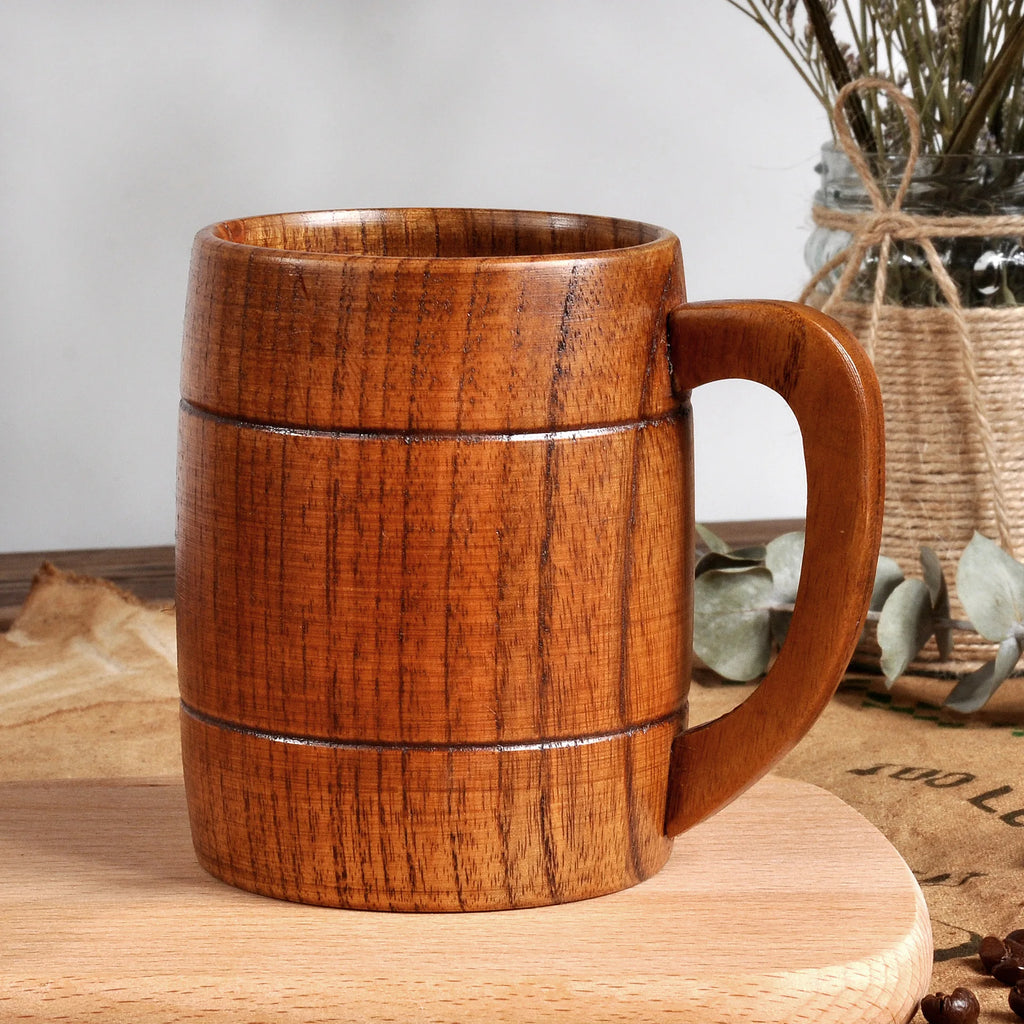 Handcrafted Wooden Coffee Mug | 320ml Natural Solid Wood Beer Cup with Handle