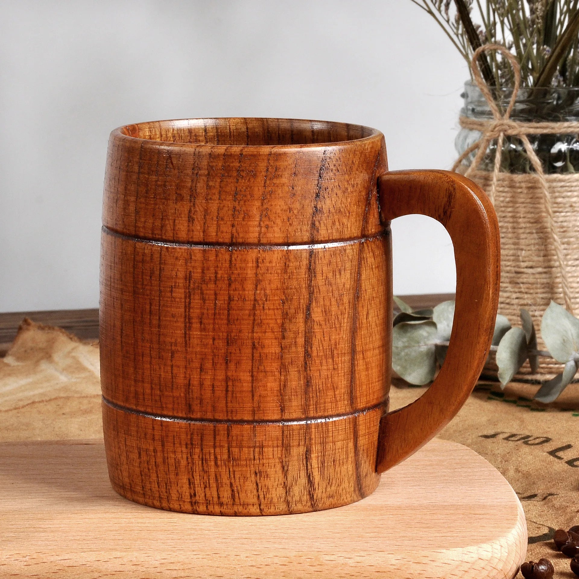 Handcrafted Wooden Coffee Mug | 320ml Natural Solid Wood Beer Cup with Handle