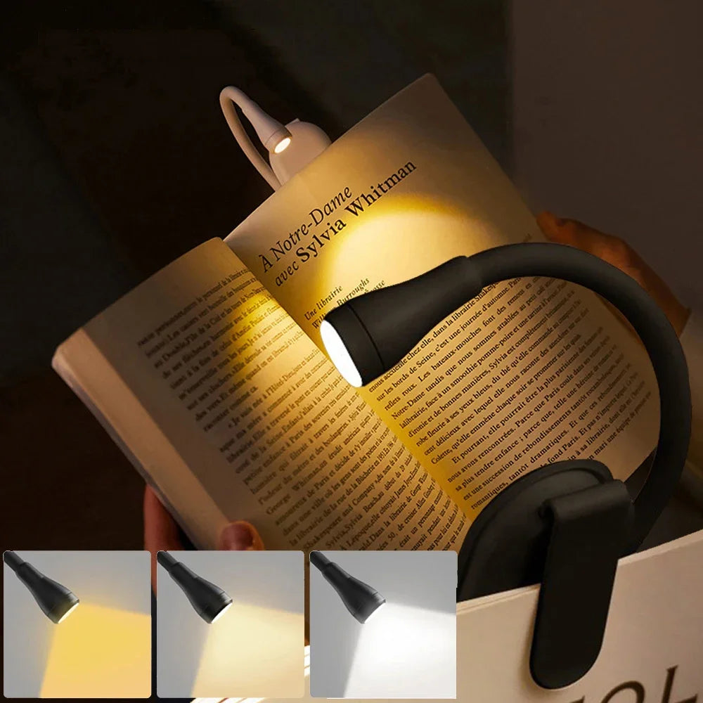 Rechargeable 3-Color Mini LED Book Light | 360° Adjustable Clip Eye Protection Reading Lamp