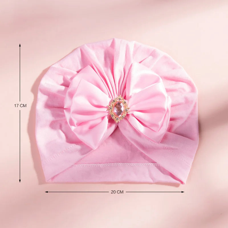 Solid Color Baby Turban Bow Beanie with Rhinestone | Handmade Infant Cap for Girls 0-2 Years