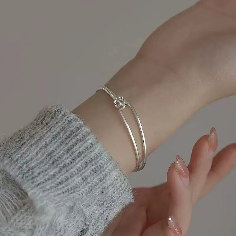 925 Sterling Silver Bracelet | Light Luxury Minimalist Half-Bangle Half-Chain Jewelry