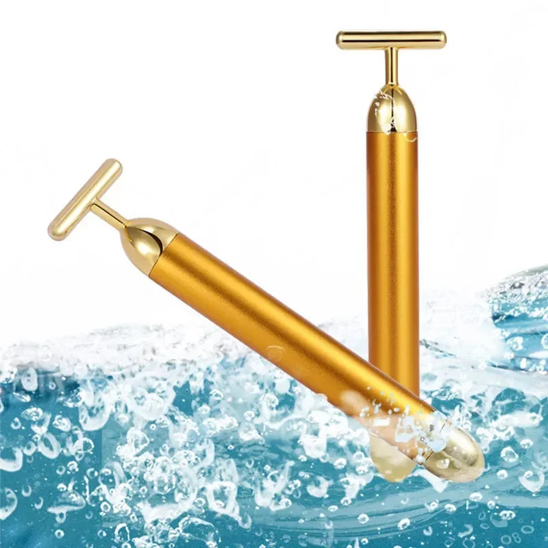 Gold Plated Facial Roller Massager | T-Shape Vibration Face Lift Tool