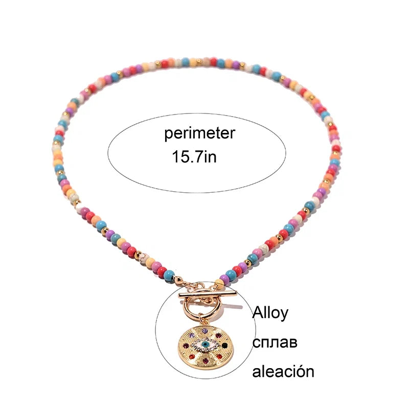 4mm Colorful Stone Choker Necklace for Women | Round Evil Charm Pendant