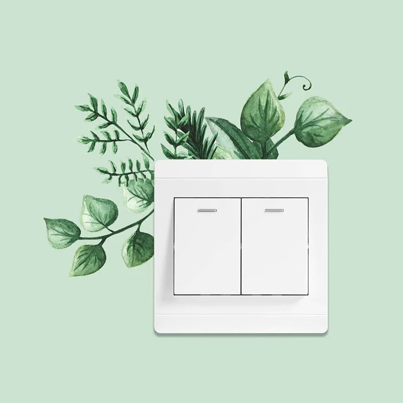 Green Leaves Plant Wall Stickers | Self-Adhesive Tropical Switch Decals for Home Decor