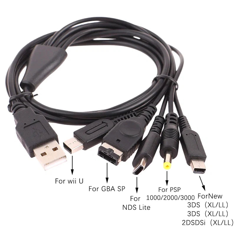 5-in-1 Multi-Console USB Charging Cable | 1.2M Fast Charger Cord for Nintendo 3DS, DSi, Wii U, GBA, PSP