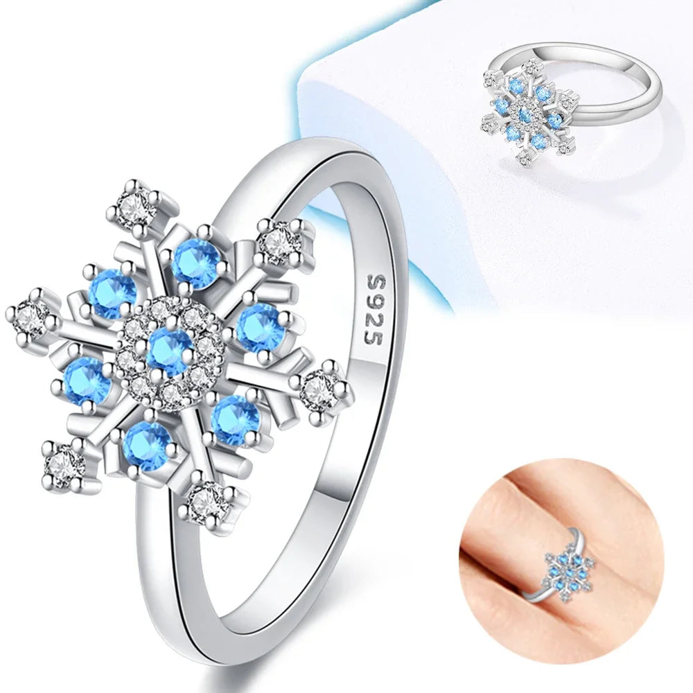 925 Sterling Silver Blue Zircon Snowflake Ring | Winter Christmas Wedding Party Jewelry