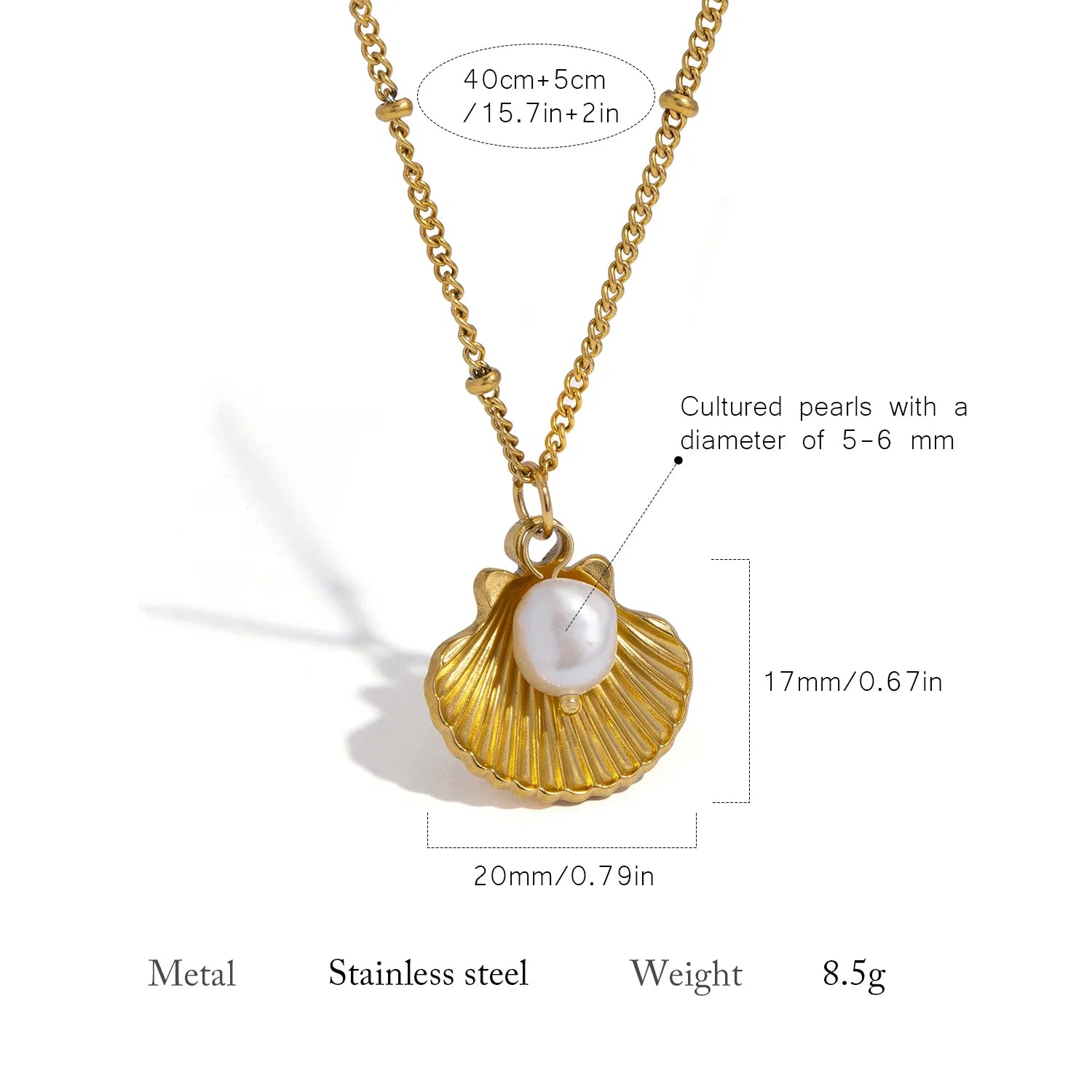 Shell and Pearl Pendant Necklace | 18K Gold Plated Stainless Steel Beach Jewelry