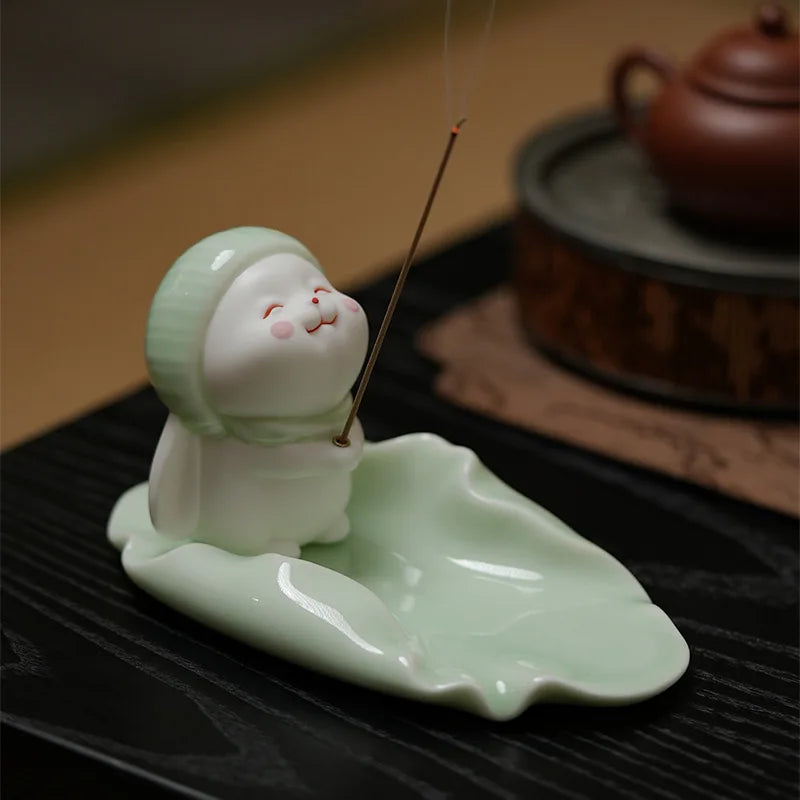 Cute Wishing Rabbit Incense Burner | Ceramic Home Fragrance Decor