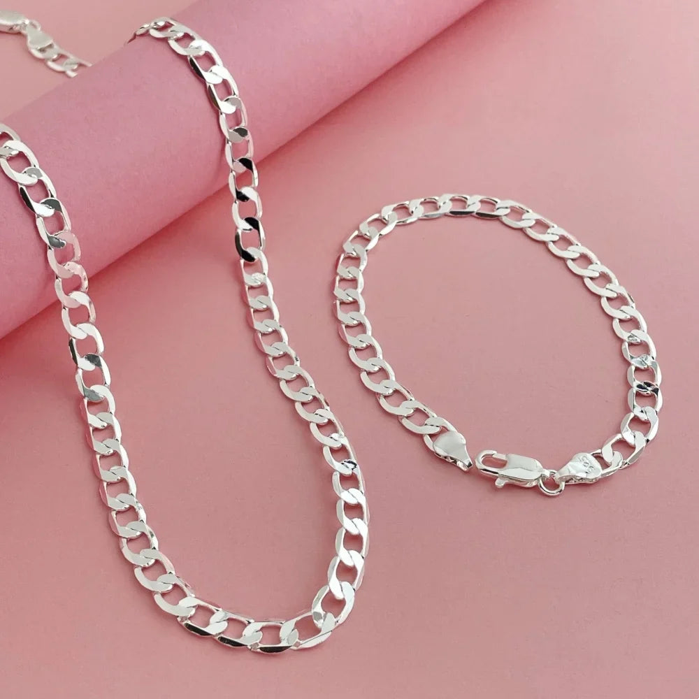 925 Sterling Silver 6mm Cuban Link Necklace and Bracelet Set | Unisex Classic Jewelry