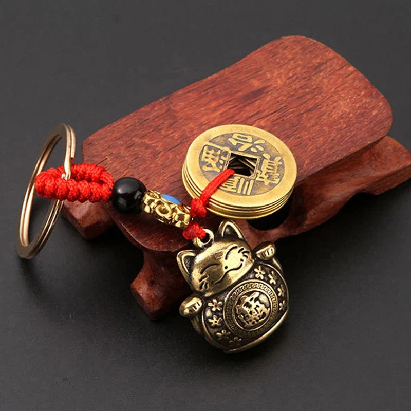 Handmade Brass Feng Shui Coins Keychain | Lucky Cat Car Keychain with Five Emperors Money
