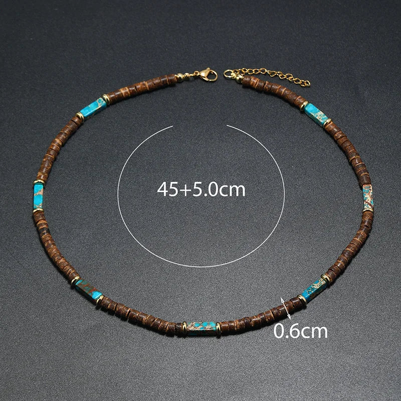Vintage Boho Natural Stone Necklace for Couples | Brown Coconut Shell Bead Choker