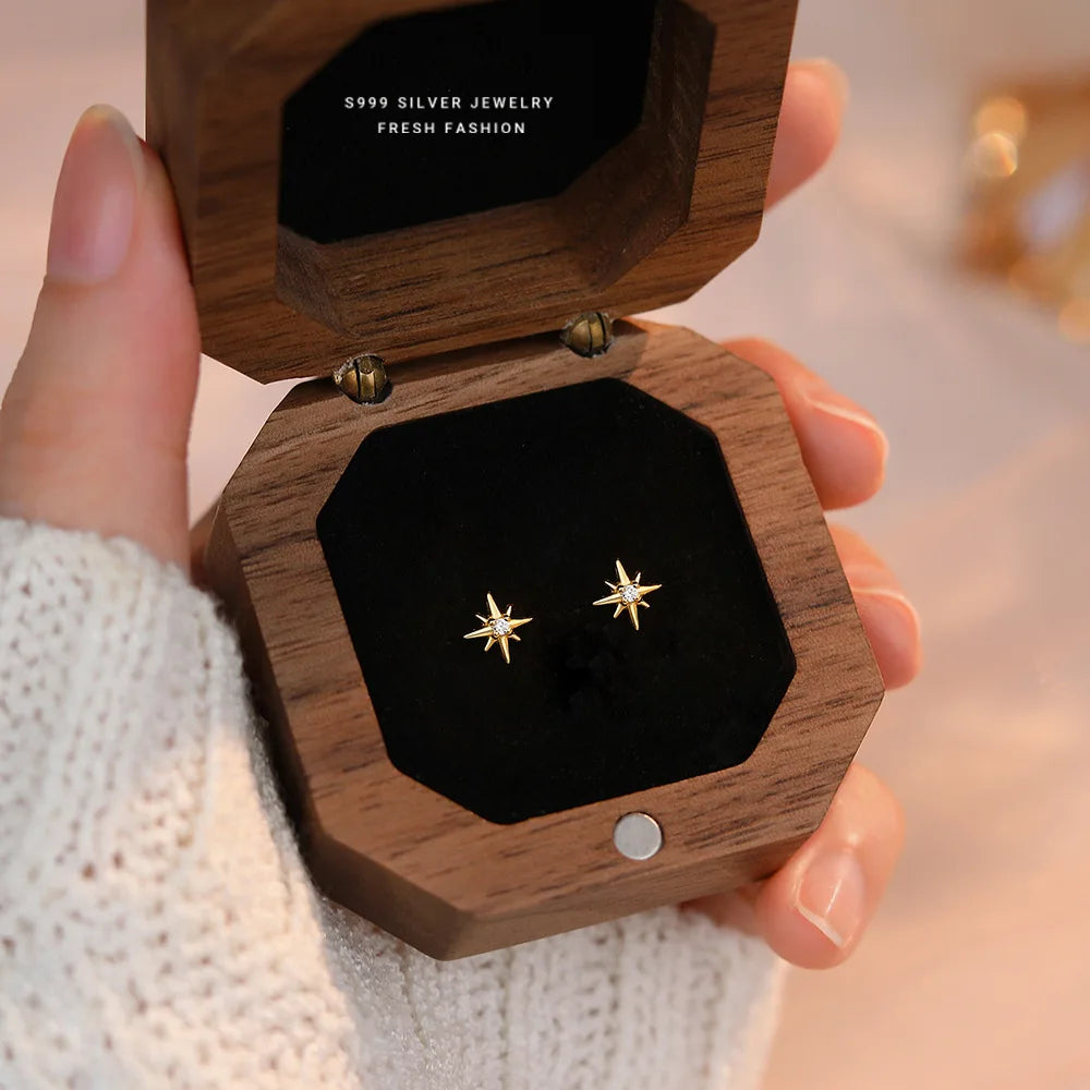 925 Sterling Silver Geometric Eight Star Stud Earrings | Fine Zircon Jewelry for Women