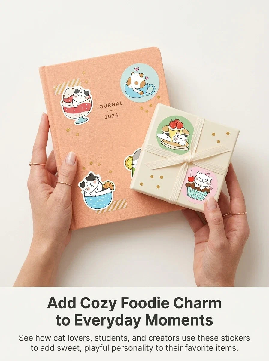 1Roll(500Pcs) Cute Cats in Cup Lovely Animal Stickers | 8 Designs DIY Decal Gift