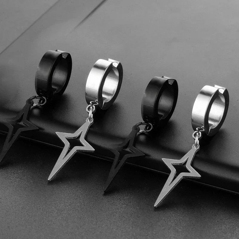 Stainless Steel Punk Star Hoop Earrings | Clip-On Earrings for Men and Women
