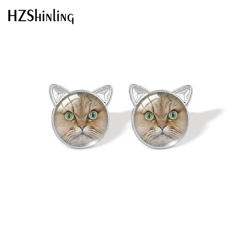 Lovely Cat Face Stud Earrings | Handmade Glass Dome Photo Printed Jewelry for Women
