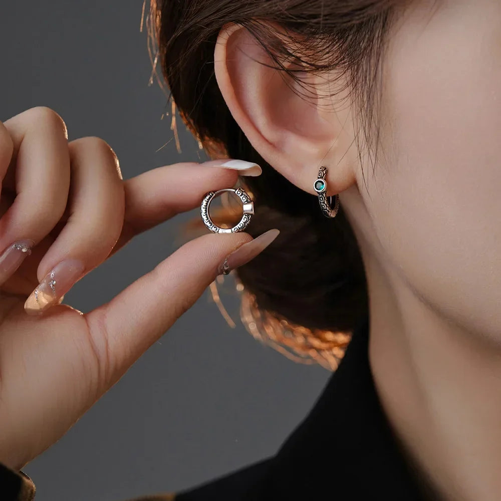 Unisex S925 Sterling Silver Vintage Thai Earrings with Green Zircon | Unique Jewelry Gift Accessory