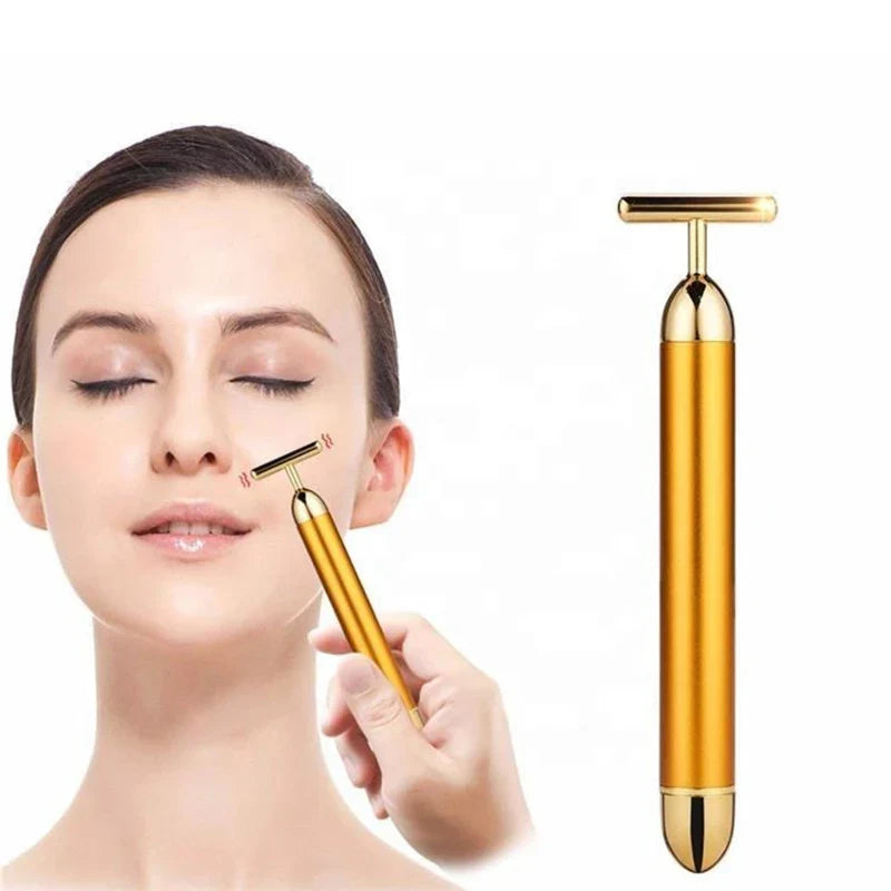 24K Electric Face-Lifting Rose Gold Stick T-Shaped Facial Massager | Skin Tightening Beauty Tool