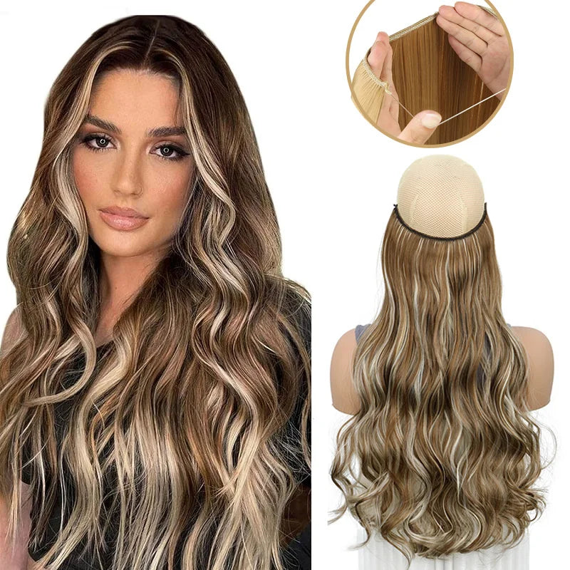 20 Inch Curly Fish Line Hair Extension | One Piece No Clip Synthetic Hair Piece