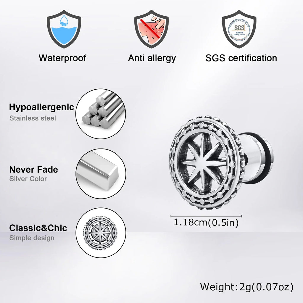 Vintage Men's Compass Stud Earrings | Stainless Steel Eight-Pointed Star Fashion Jewelry