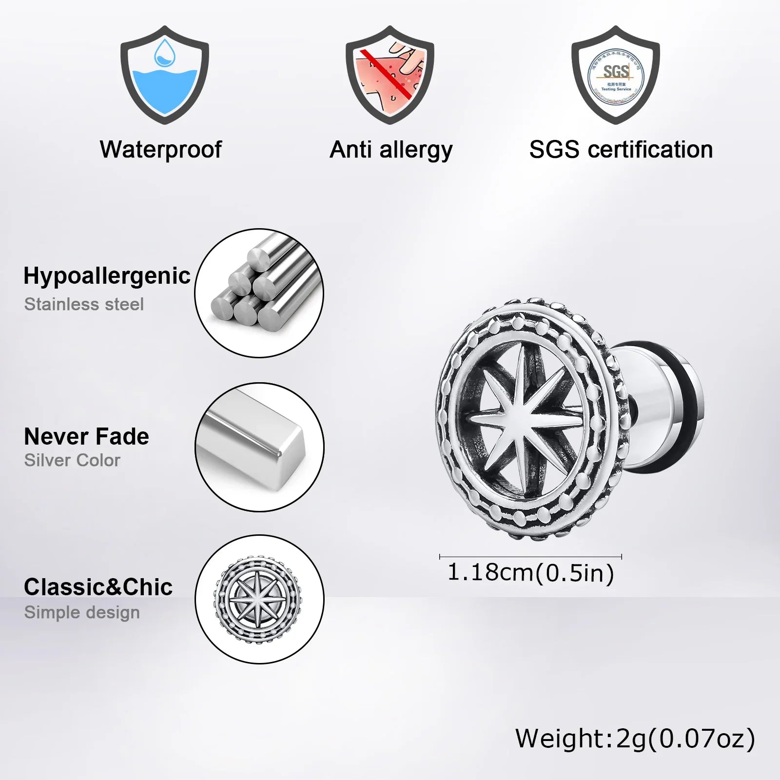 Vintage Men's Compass Stud Earrings | Stainless Steel Eight-Pointed Star Fashion Jewelry