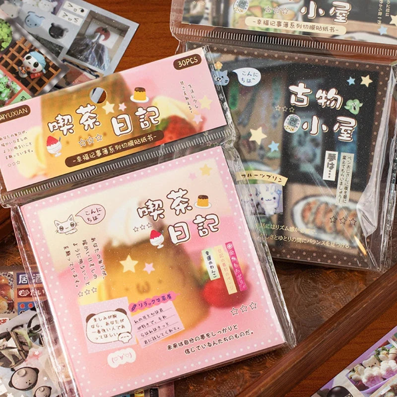 Mr Paper 30/60pcs Happiness Notebook Series Square Cut Film Sticker Book | Japan Korea Cute INS Style DIY Diary Decals