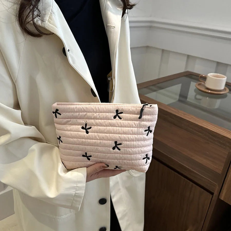 Large Capacity Embroidered Bow Cosmetic Case | Cute Zipper Makeup Bag
