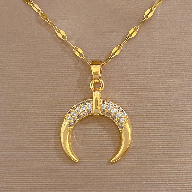 Crescent Moon Pendant Necklace | Vintage Stainless Steel Choker for Women