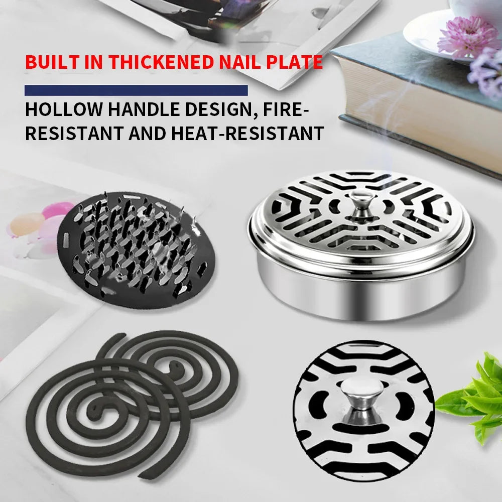 Mosquito Coils Holder Stainless Steel Mosquito Coil Box with Cover | Round Mosquito Coil Tray Easy To Clean Anti-Mosquito Supplies