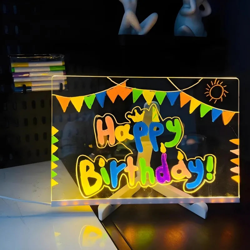 Light Up Acrylic Message Board Night Light | Rewritable DIY Glowing Drawing Board with 7 Colorful Pens