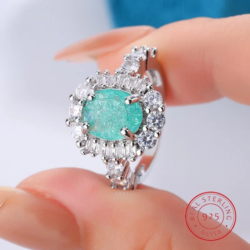 925 Silver Plated Paraiba Sapphire Oval Ring | Full Diamond Couple Band for Women