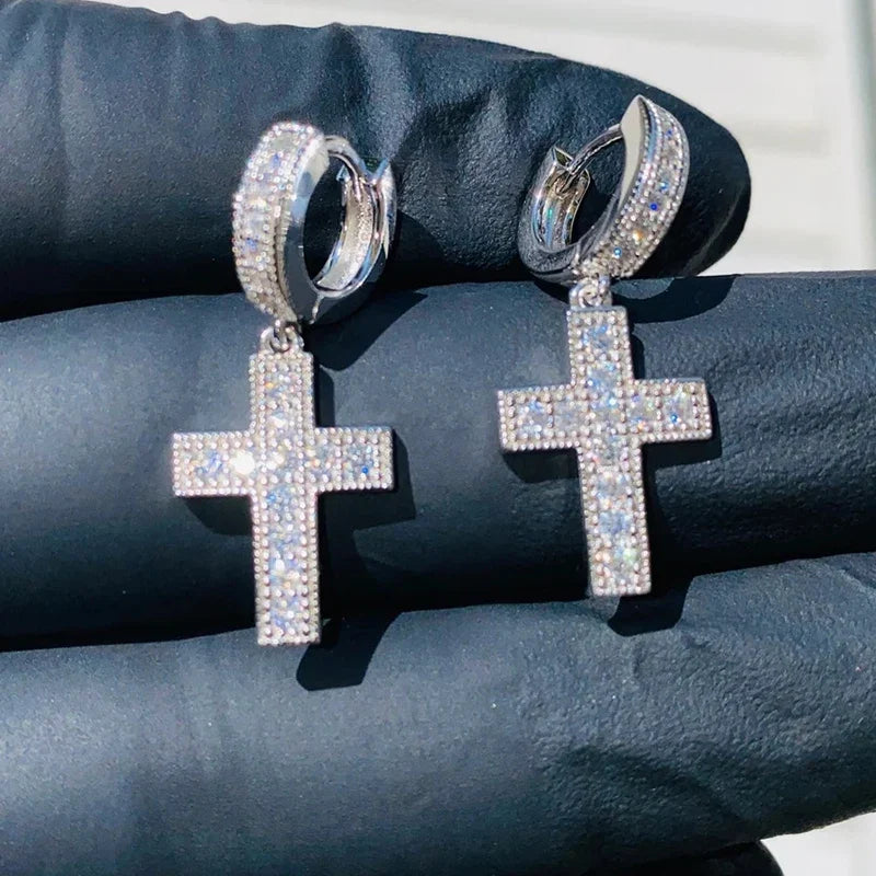 Huitan Cross Pendant Drop Earrings | Unisex Hip Hop Jewelry with Bright Zirconia