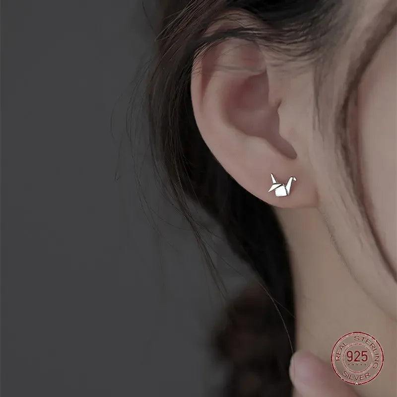 925 Sterling Silver Paper Crane Stud Earrings | Cute Mini Piercing Earrings for Women